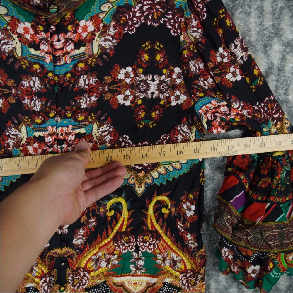Alice Olivia Liberty Printed Ruffled Blouse Bell Sleeves Size S Mock Neck Boho - Picture 15 of 16